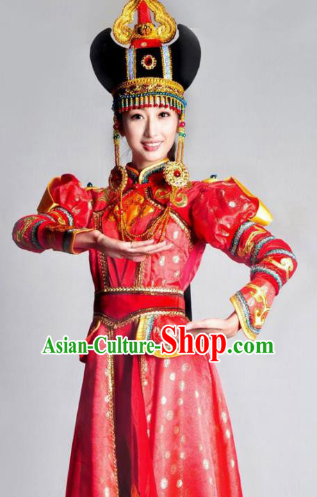 Traditional Chinese Mongolian Nationality Red Costume Mongol Ethnic Dance Stage Show Dress for Women