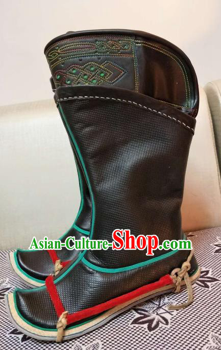 Chinese Traditional Mongol Nationality Black Boots Mongolian Ethnic Leather Riding Boots for Men