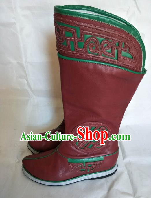 Chinese Traditional Mongol Nationality Red Boots Mongolian Ethnic Leather Riding Boots for Men
