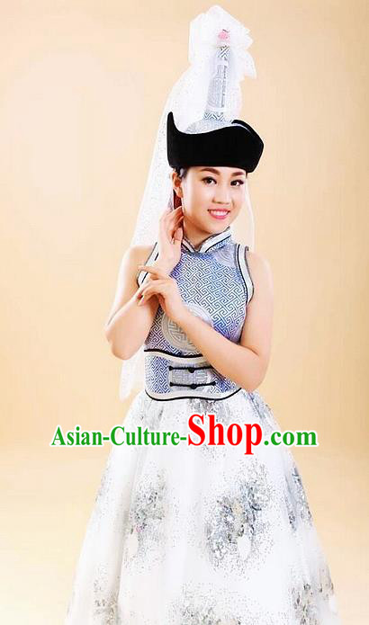 Traditional Chinese Mongol Nationality White Dress Mongolian Ethnic Dance Costume and Hat for Women