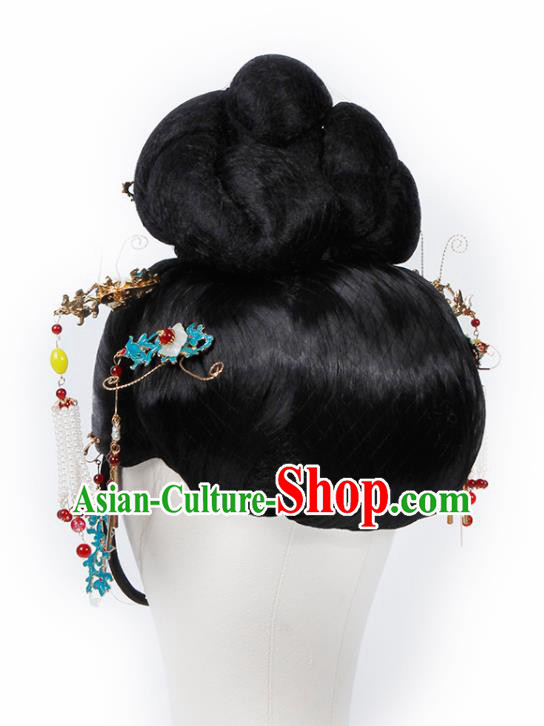 Chinese Traditional Qing Dynasty Queen Wigs and Hairpins Ancient Imperial Consort Hair Accessories for Women