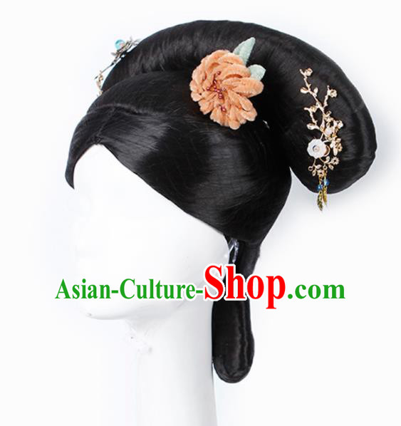 Chinese Traditional Qing Dynasty Manchu Princess Wigs and Hairpins Ancient Imperial Concubine Hair Accessories for Women
