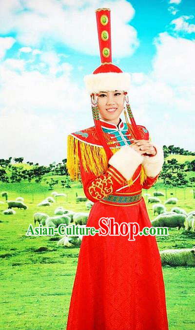 Traditional Chinese Mongol Nationality Red Dress and Hat Mongolian Ethnic Dance Costume for Women