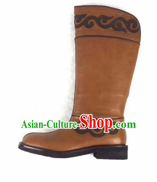 Chinese Traditional Mongol Nationality Khaki Leather Boots Mongolian Ethnic Riding Boots for Men