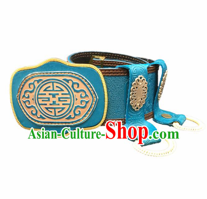 Traditional Chinese Mongol Nationality Blue Leather Belt Mongolian Ethnic Waistband for Men