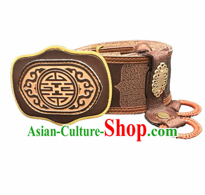 Traditional Chinese Mongol Nationality Brown Leather Belt Mongolian Ethnic Waistband for Men