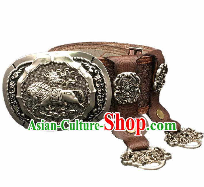 Traditional Chinese Mongol Nationality Brown Leather Belt Mongolian Ethnic Cupronickel Waistband for Men