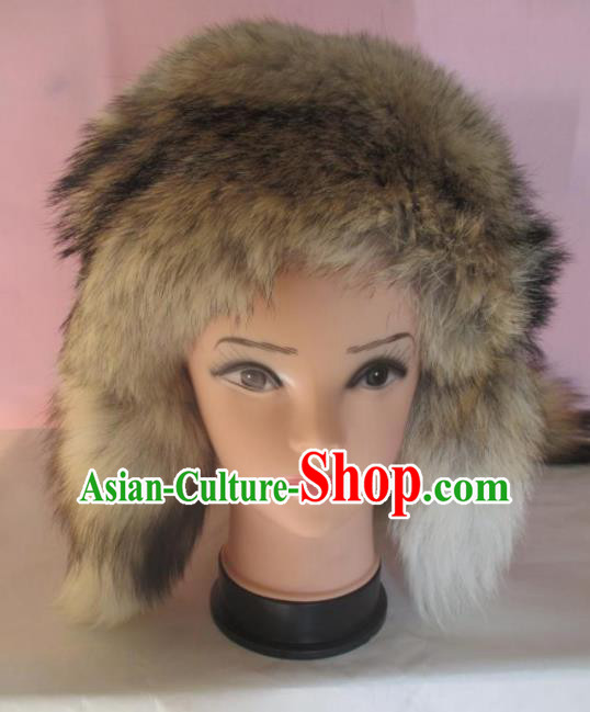 Traditional Chinese Mongol Nationality Winter Marten Headwear Mongolian Ethnic Blue Hat for Women