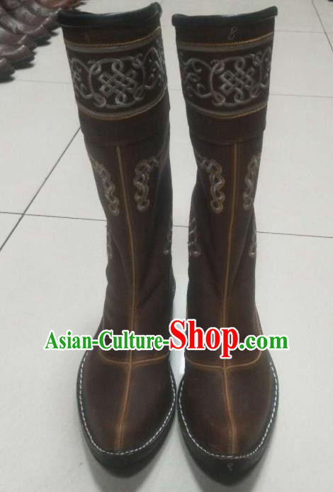 Chinese Traditional Mongol Nationality Brown Riding Boots Mongolian Ethnic Shoes Leather Boots for Women
