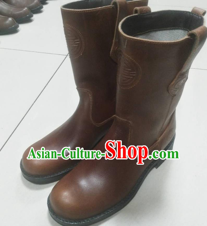 Chinese Traditional Mongol Nationality Light Brown Boots Mongolian Ethnic Leather Riding Boots for Men