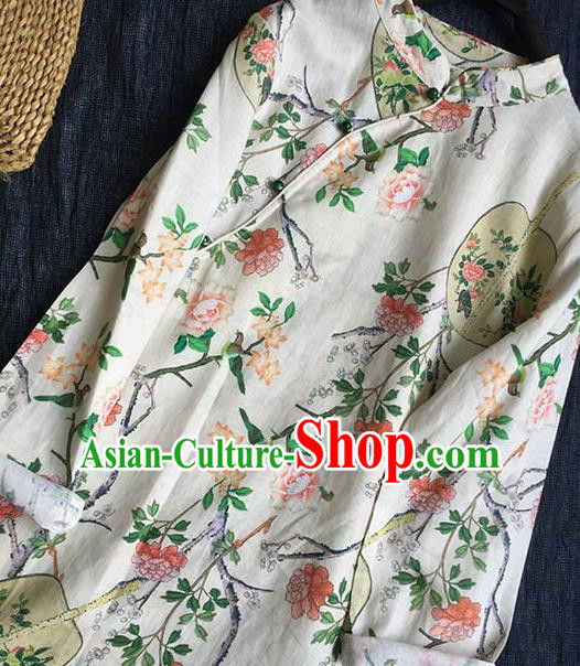Chinese Traditional Tang Suit Printing Fan White Flax Cheongsam National Costume Qipao Dress for Women