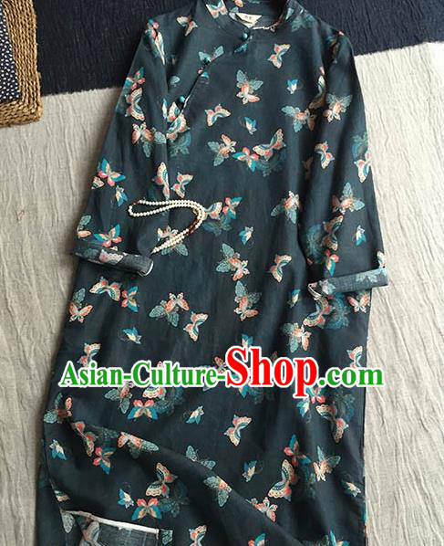 Chinese Traditional Tang Suit Printing Butterfly Ramine Cheongsam National Costume Qipao Dress for Women