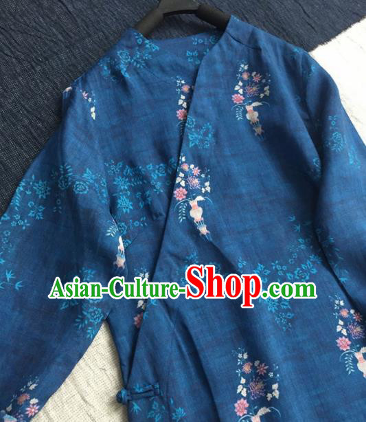 Chinese Traditional Tang Suit Printing Deep Blue Ramie Cheongsam National Costume Qipao Dress for Women