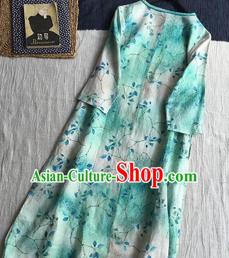 Chinese Traditional Tang Suit Printing Green Ramie Cheongsam National Costume Qipao Dress for Women