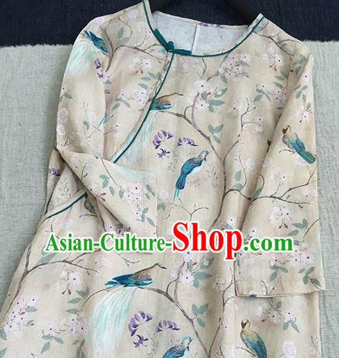 Chinese Traditional Tang Suit Printing Birds Beige Ramie Cheongsam National Costume Qipao Dress for Women