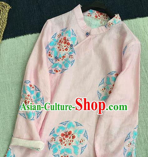 Chinese Traditional Tang Suit Printing Peony Pink Ramie Cheongsam National Costume Qipao Dress for Women