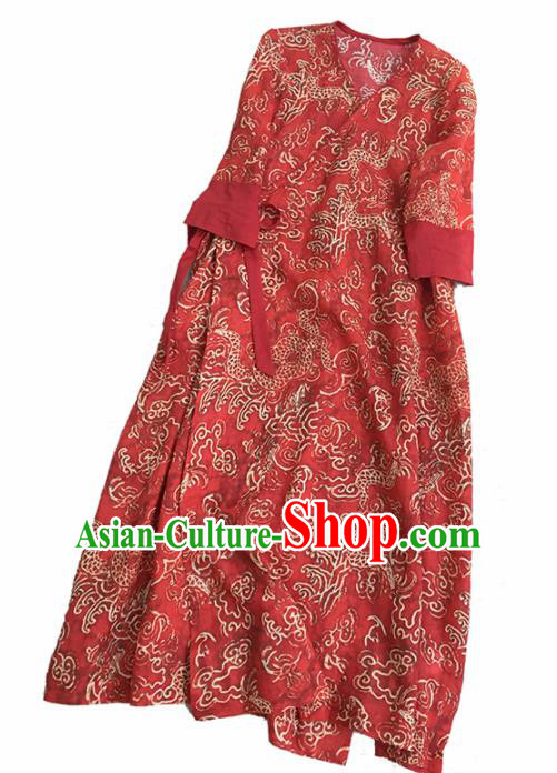 Chinese Traditional Tang Suit Printing Dragon Red Ramie Cheongsam National Costume Qipao Dress for Women