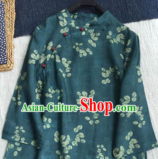 Chinese Traditional Tang Suit Printing Atrovirens Ramie Cheongsam National Costume Qipao Dress for Women