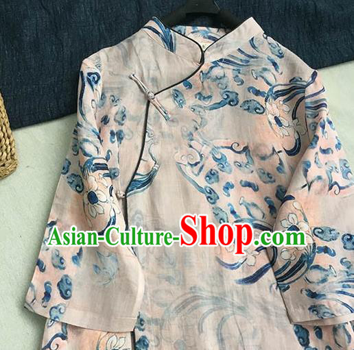 Chinese Traditional Tang Suit Printing Orchid Pink Ramie Cheongsam National Costume Qipao Dress for Women