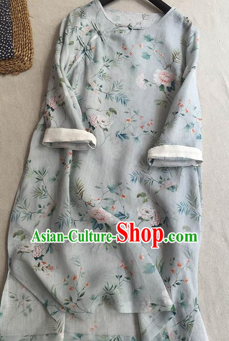 Chinese Traditional Tang Suit Printing Peony Grey Ramie Cheongsam National Costume Qipao Dress for Women