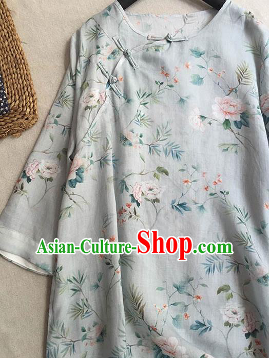 Chinese Traditional Tang Suit Printing Peony Grey Ramie Cheongsam National Costume Qipao Dress for Women