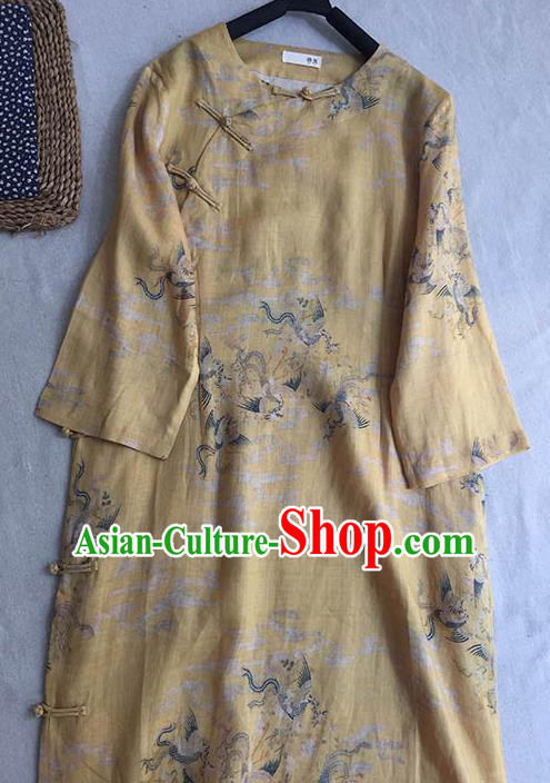 Chinese Traditional Tang Suit Printing Dragon Phoenix Yellow Ramie Cheongsam National Costume Qipao Dress for Women