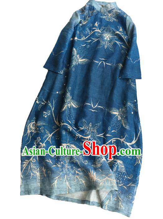 Chinese Traditional Tang Suit Printing Royalblue Ramie Cheongsam National Costume Qipao Dress for Women