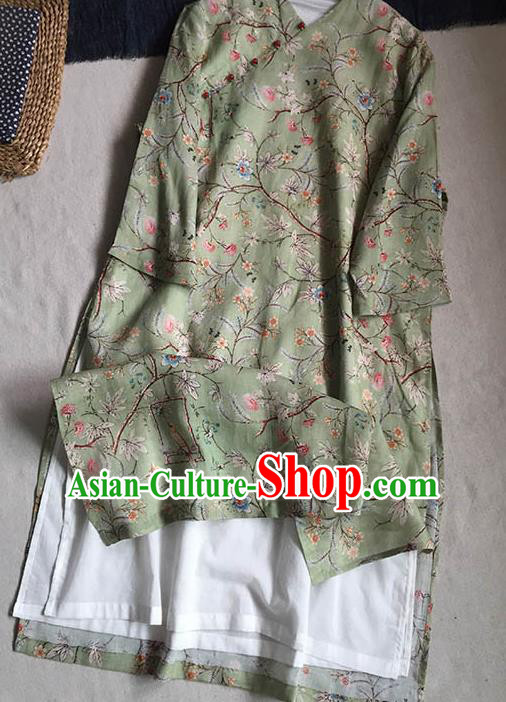 Chinese Traditional Tang Suit Printing Flowers Light Green Ramie Cheongsam National Costume Qipao Dress for Women