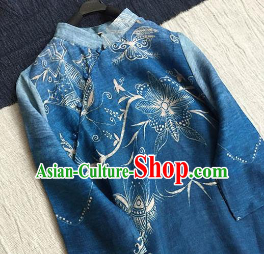 Chinese Traditional Tang Suit Printing Royalblue Ramie Cheongsam National Costume Qipao Dress for Women