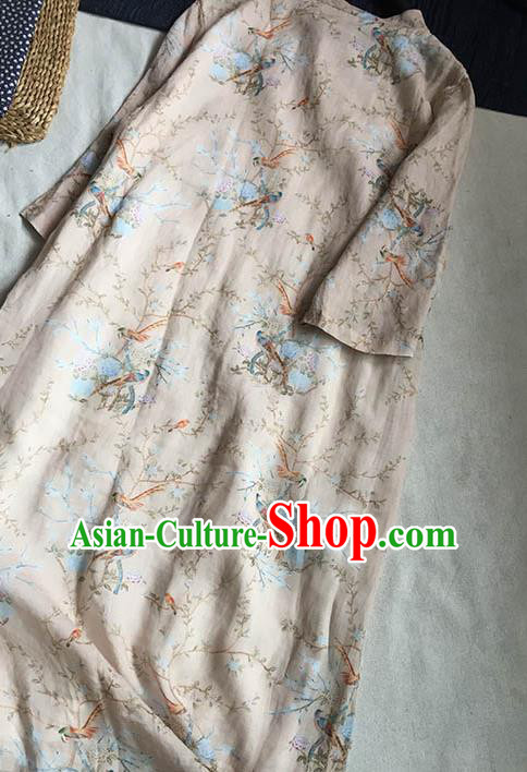 Chinese Traditional Tang Suit Printing Flower Birds Beige Ramie Cheongsam National Costume Qipao Dress for Women