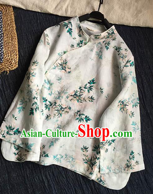Chinese Traditional Tang Suit Printing Leaf White Ramie Blouse National Upper Outer Garment Costume for Women