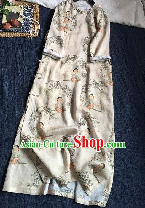 Chinese Traditional Tang Suit Printing Beauty Apricot Ramie Cheongsam National Costume Qipao Dress for Women