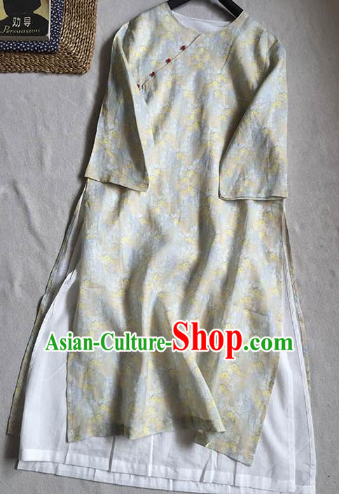Chinese Traditional Tang Suit Printing Light Grey Ramie Cheongsam National Costume Qipao Dress for Women