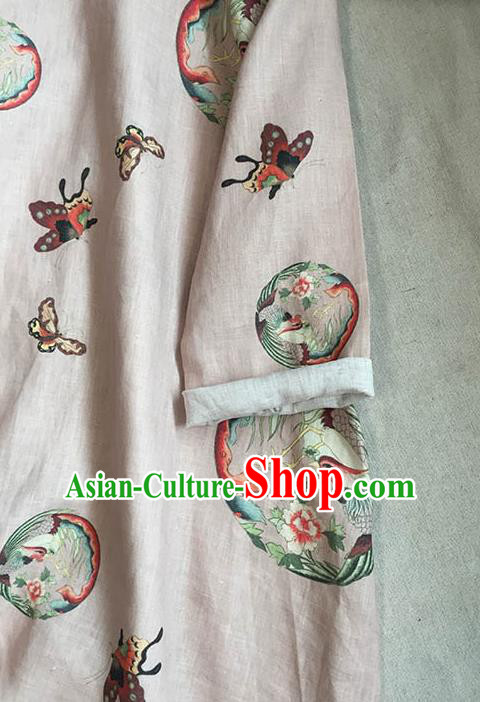 Chinese Traditional Tang Suit Printing Phoenix Butterfly Pink Ramie Cheongsam National Costume Qipao Dress for Women