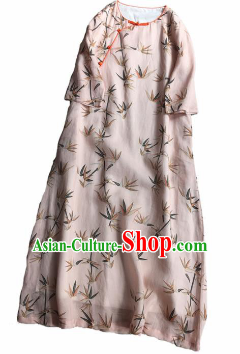 Chinese Traditional Tang Suit Printing Bamboo Light Pink Ramie Cheongsam National Costume Qipao Dress for Women