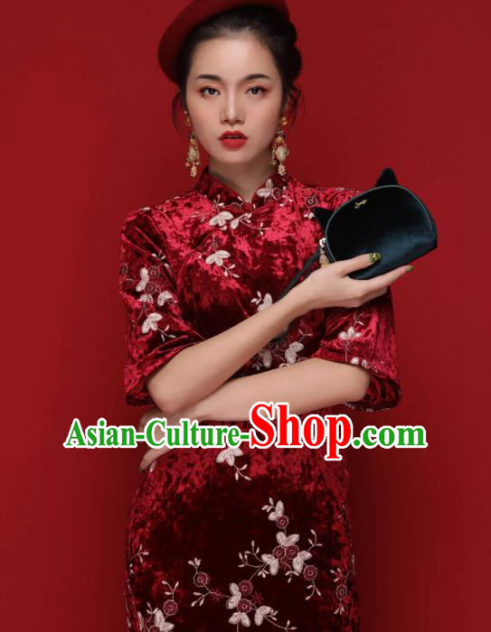 Chinese Traditional Tang Suit Red Pleuche Cheongsam National Costume Qipao Dress for Women