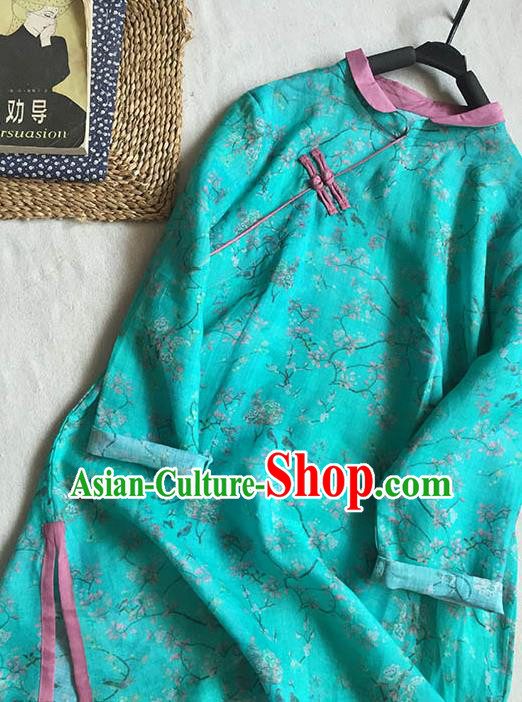 Chinese Traditional Tang Suit Printing Peony Green Ramie Blouse National Upper Outer Garment Costume for Women
