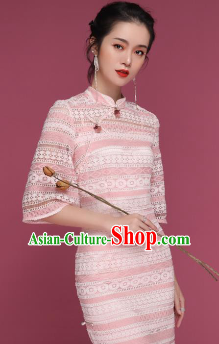 Chinese Traditional Tang Suit Pink Lace Cheongsam National Costume Qipao Dress for Women