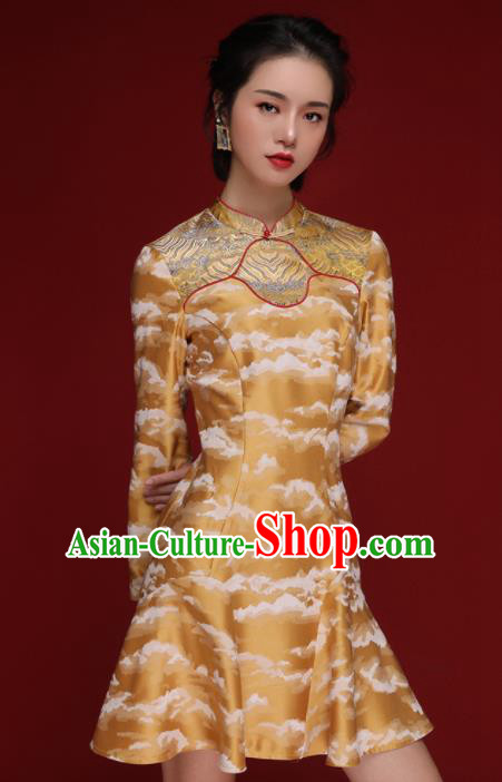 Chinese Traditional Tang Suit Yellow Silk Cheongsam National Costume Qipao Dress for Women