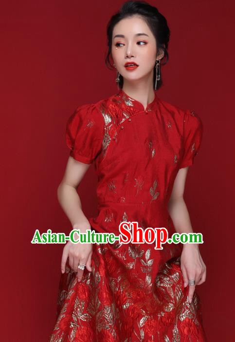 Chinese Traditional Tang Suit Red Silk Cheongsam National Costume Qipao Dress for Women