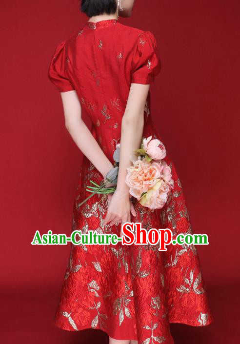 Chinese Traditional Tang Suit Red Silk Cheongsam National Costume Qipao Dress for Women