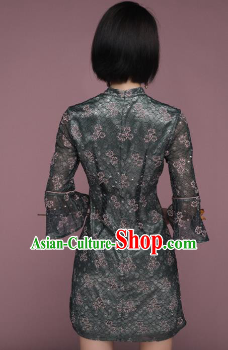 Chinese Traditional Tang Suit Dark Green Lace Cheongsam National Costume Qipao Dress for Women