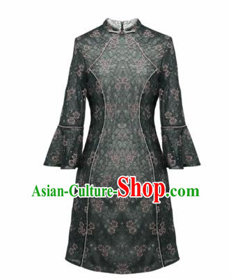Chinese Traditional Tang Suit Dark Green Lace Cheongsam National Costume Qipao Dress for Women