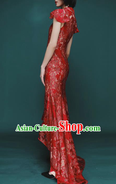 Chinese Traditional Tang Suit Red Lace Fishtail Cheongsam National Costume Qipao Dress for Women