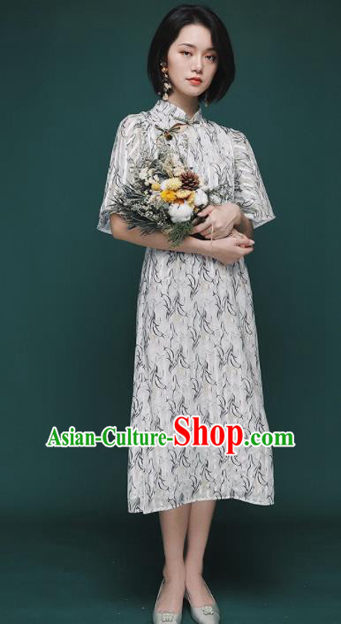 Chinese Traditional Tang Suit Printing White Cheongsam National Costume Qipao Dress for Women