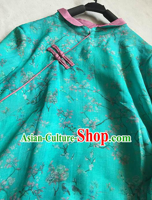 Chinese Traditional Tang Suit Printing Peony Green Ramie Blouse National Upper Outer Garment Costume for Women