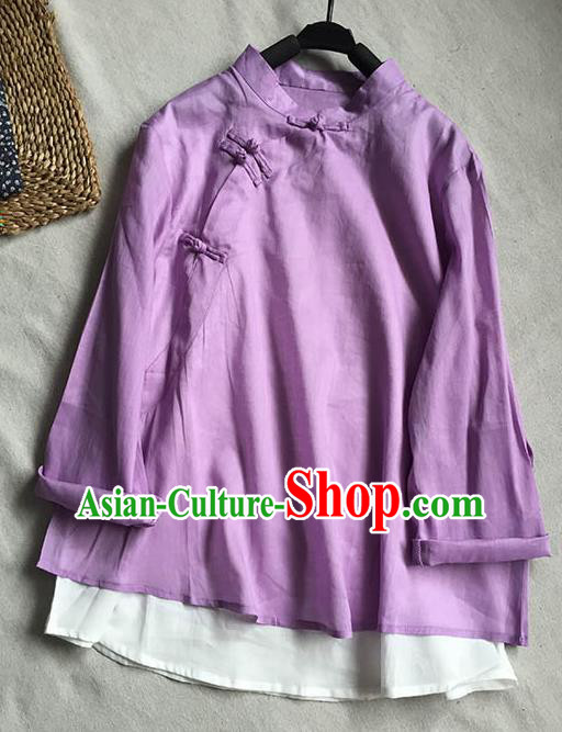 Chinese Traditional Tang Suit Purple Ramie Blouse National Upper Outer Garment Costume for Women