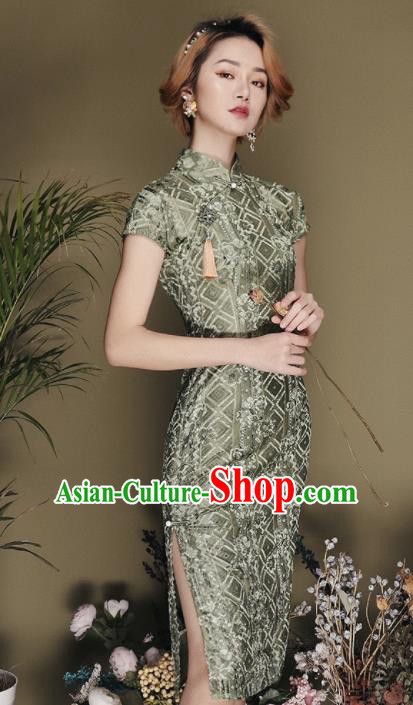 Chinese Traditional Tang Suit Olive Green Pleuche Cheongsam National Costume Qipao Dress for Women