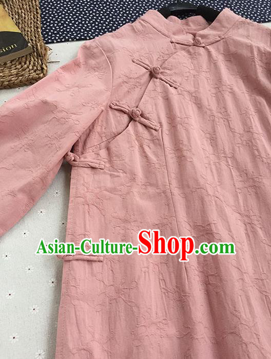 Chinese Traditional Tang Suit Pink Linen Cheongsam National Costume Qipao Dress for Women