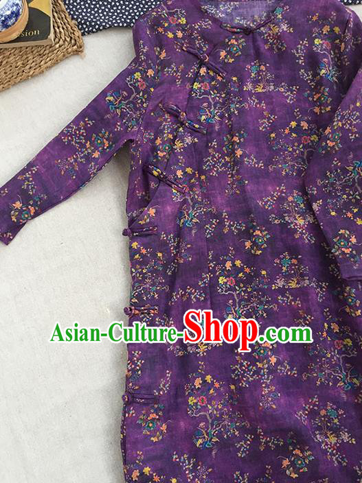 Chinese Traditional Tang Suit Printing Purple Linen Cheongsam National Costume Qipao Dress for Women